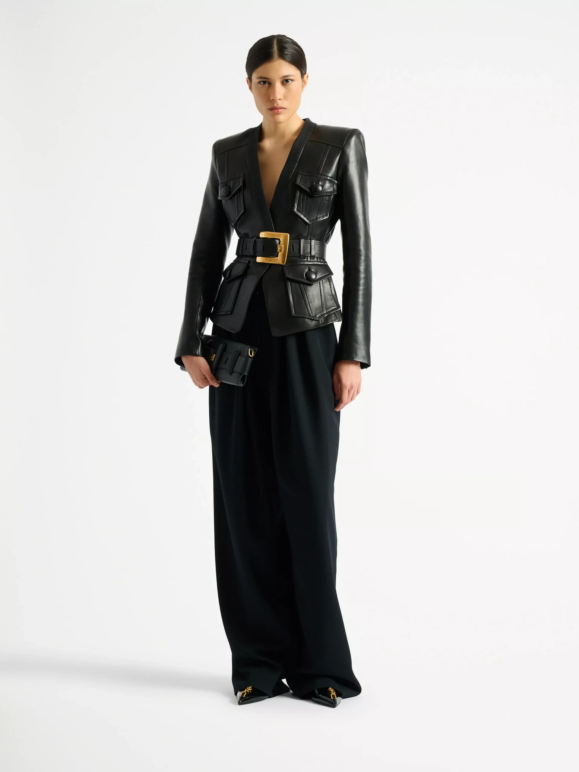 1-button belted leather jacket