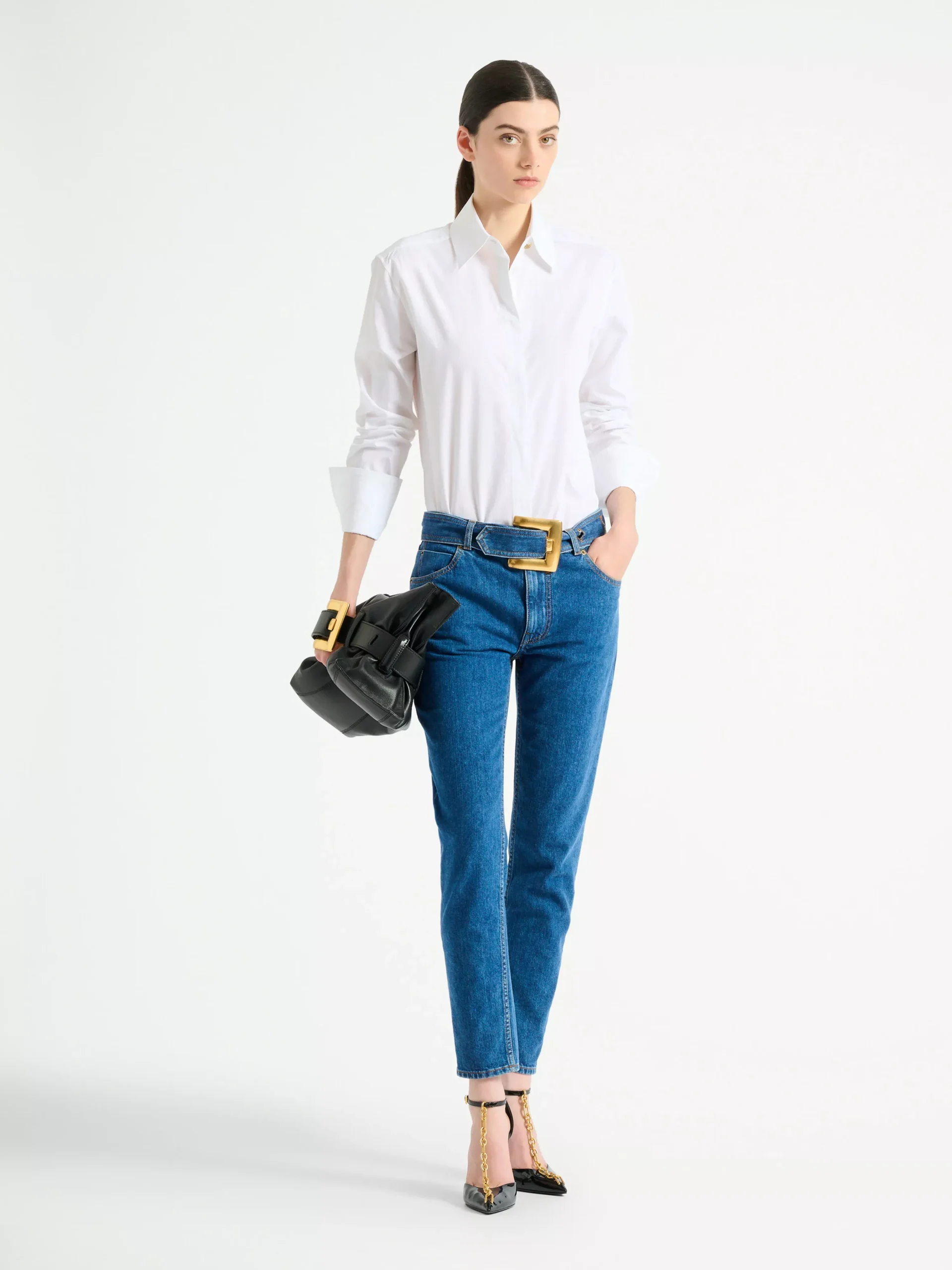Belted denim jeans