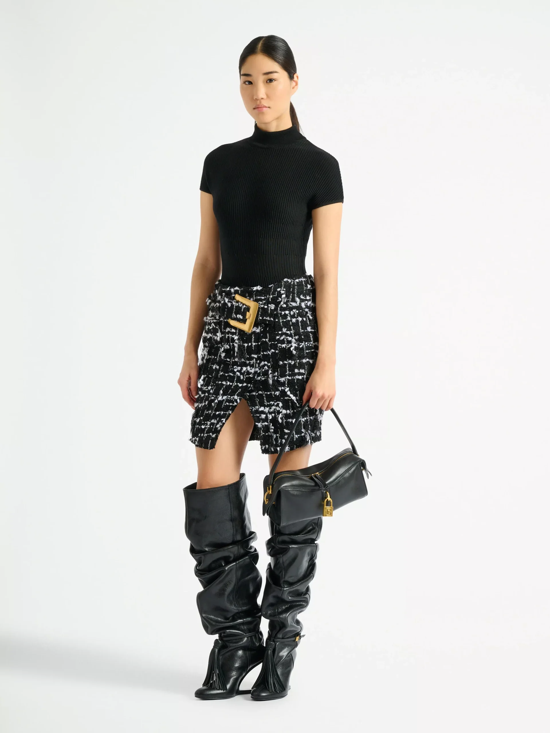 Belted fringed tweed skirt