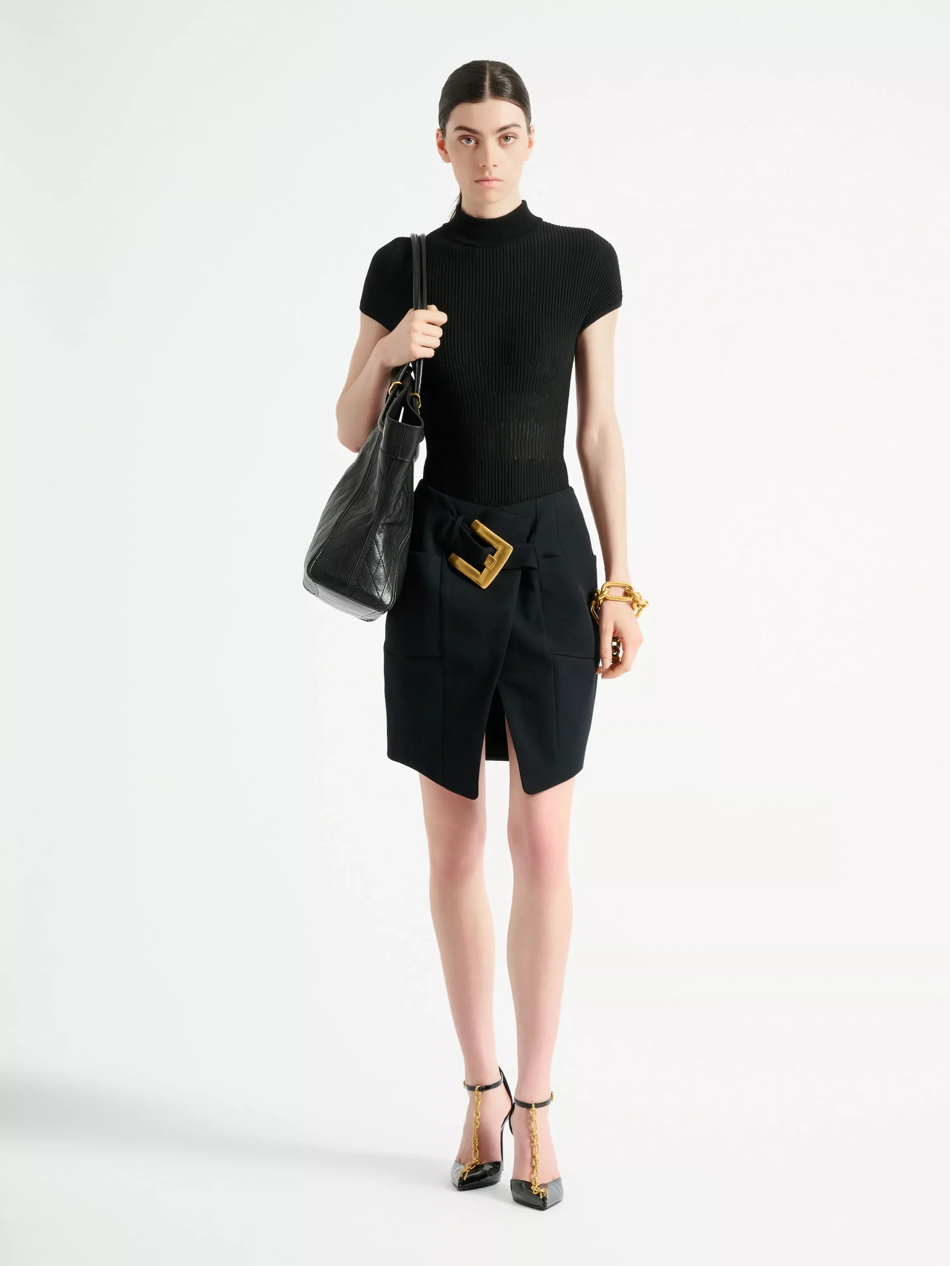 Belted grain de poudre skirt