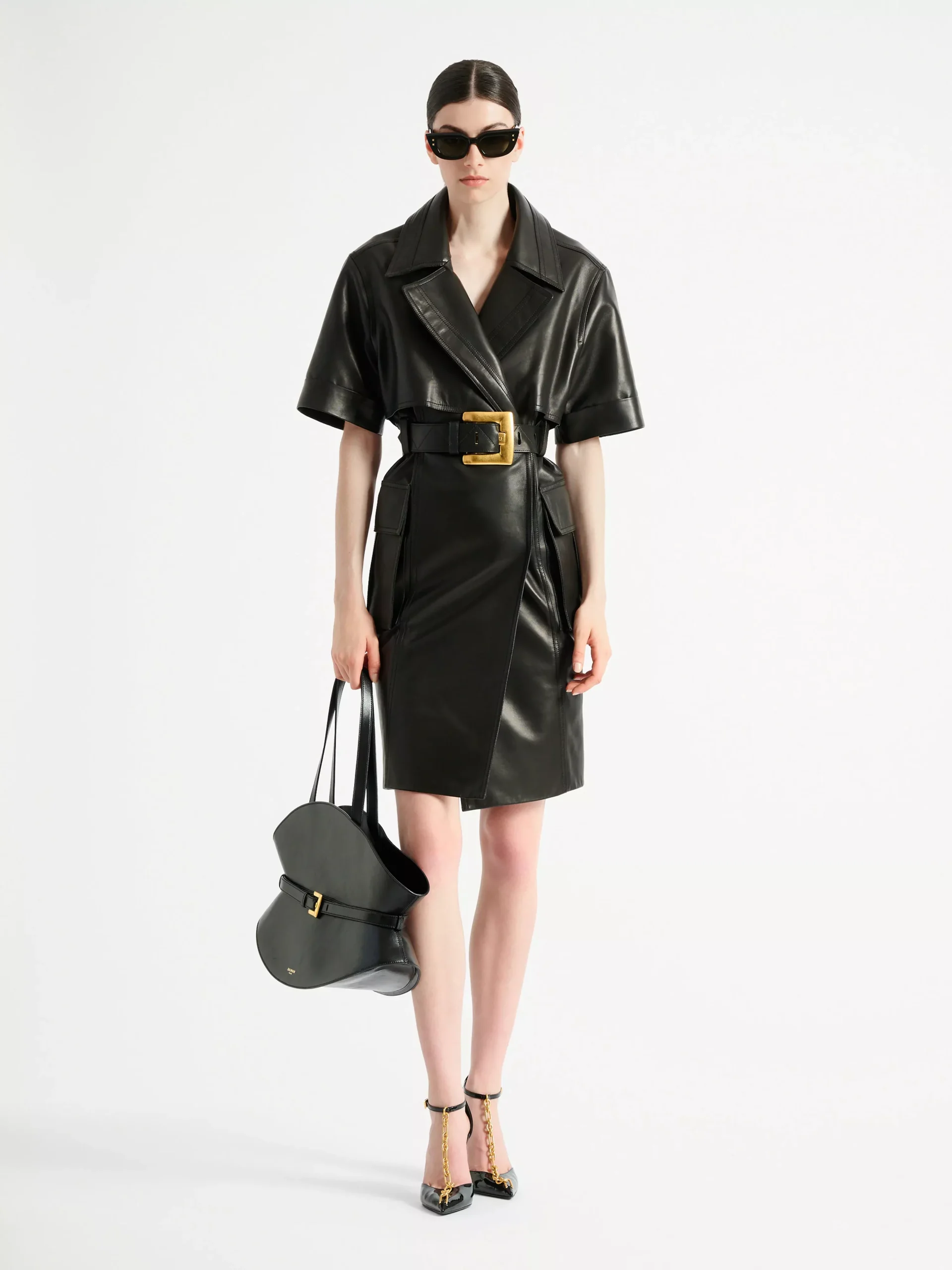 Belted lambskin leather dress