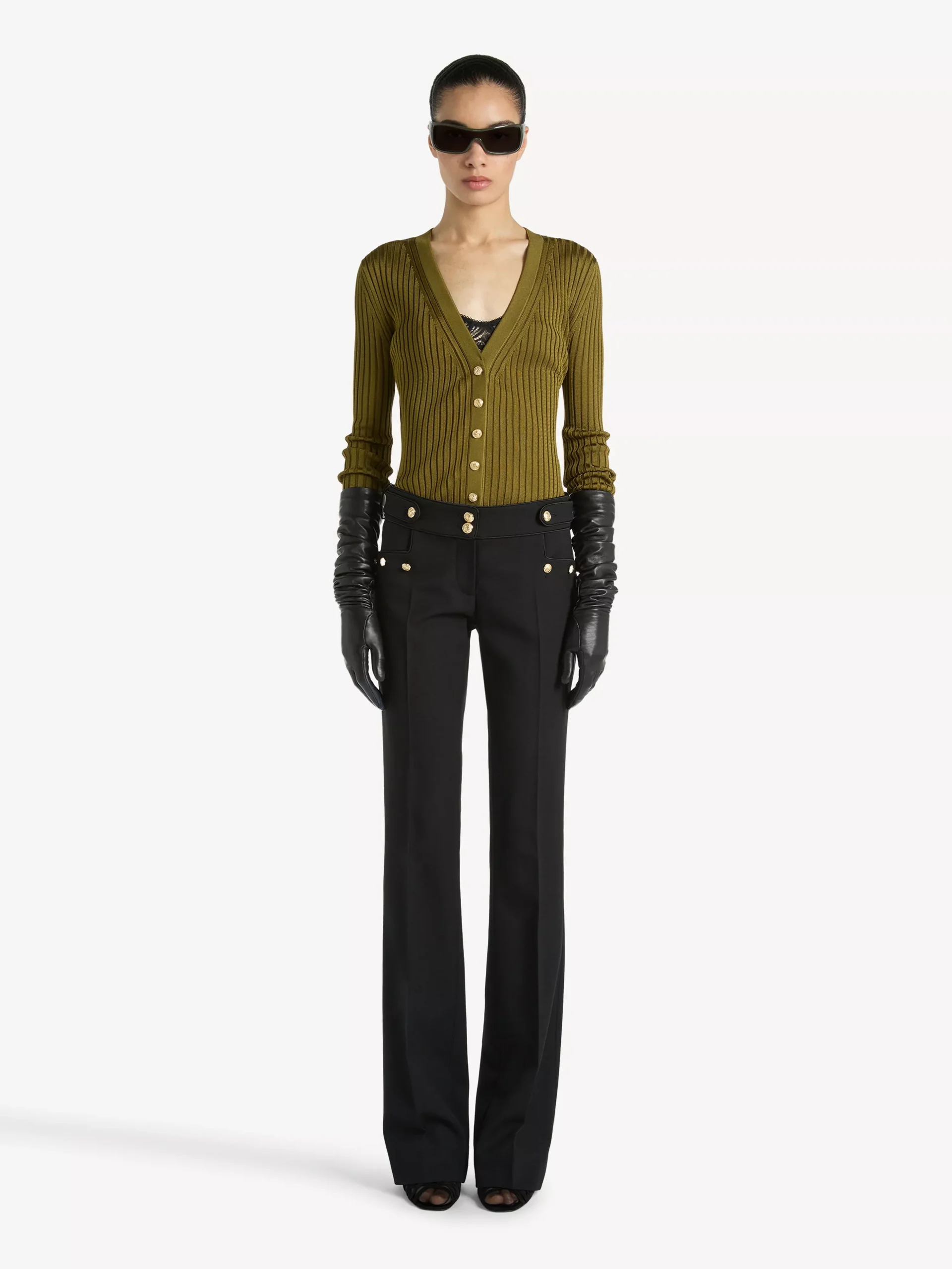 Buttoned ribbed knit cardigan