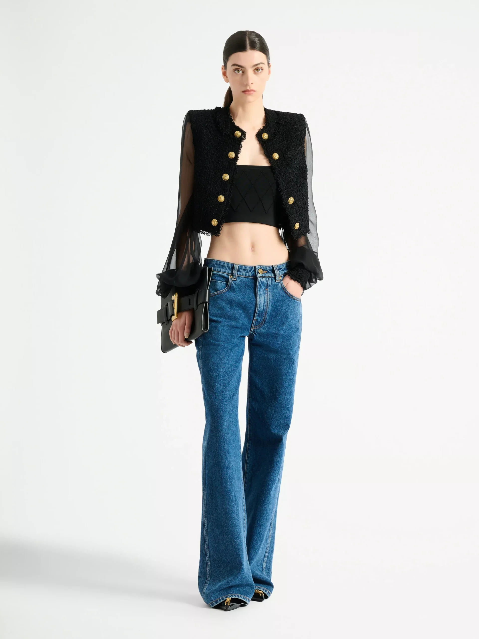 Cropped tweed and muslin jacket