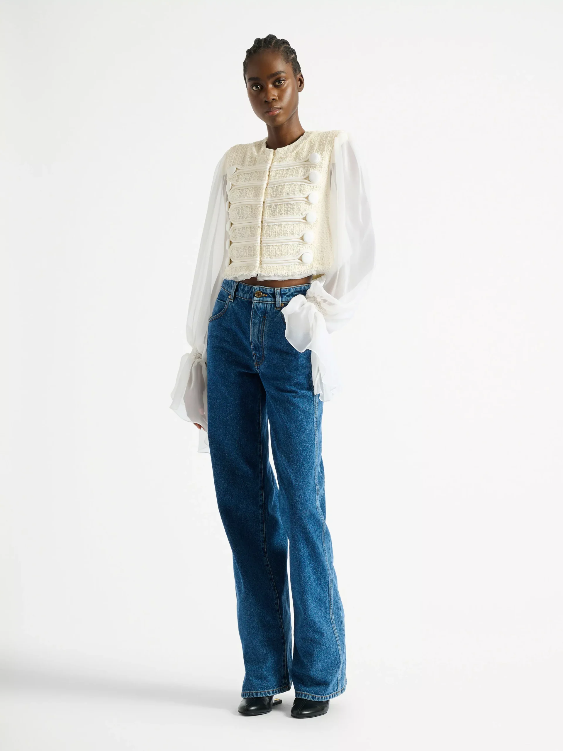 Cropped tweed and muslin jacket with frogging