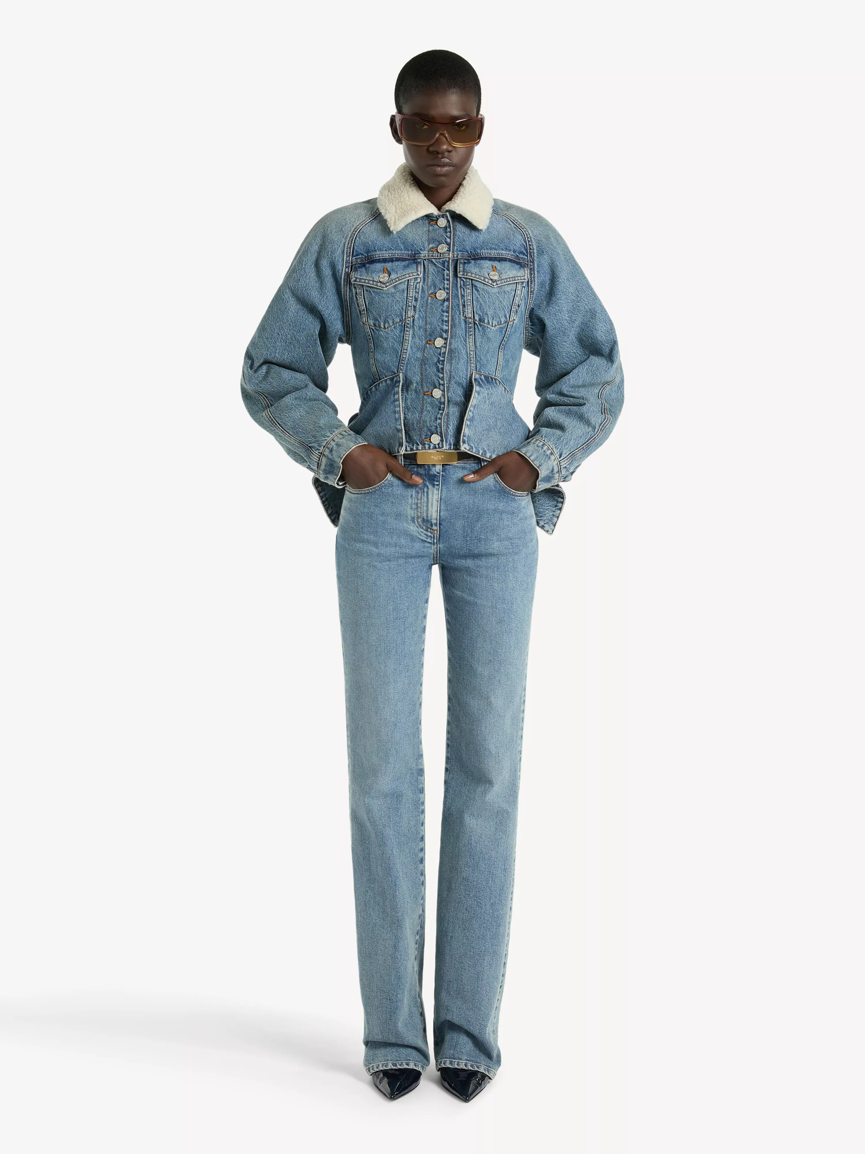 Denim signature jacket with shearling collar