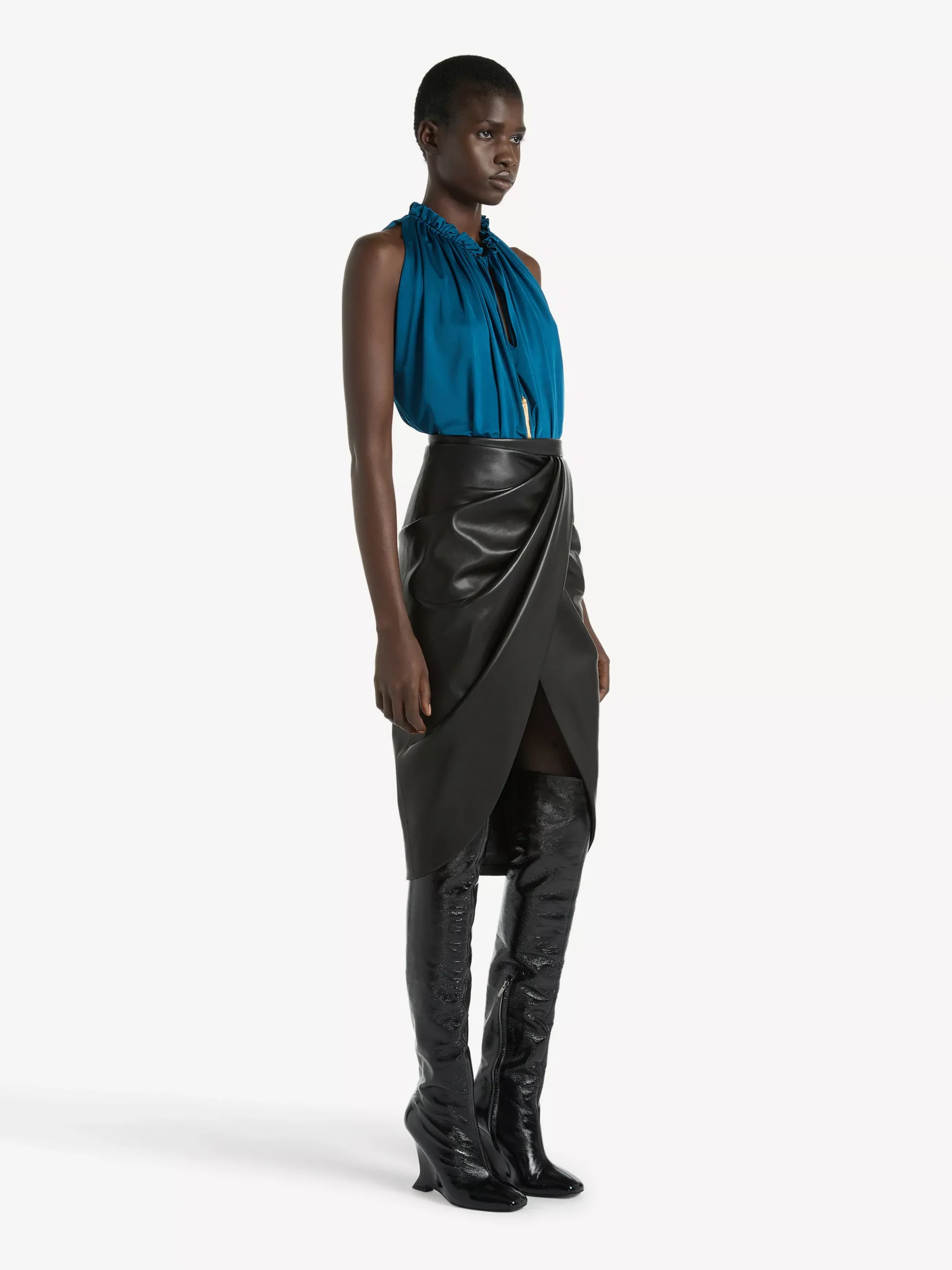 Draped lambskin midi skirt