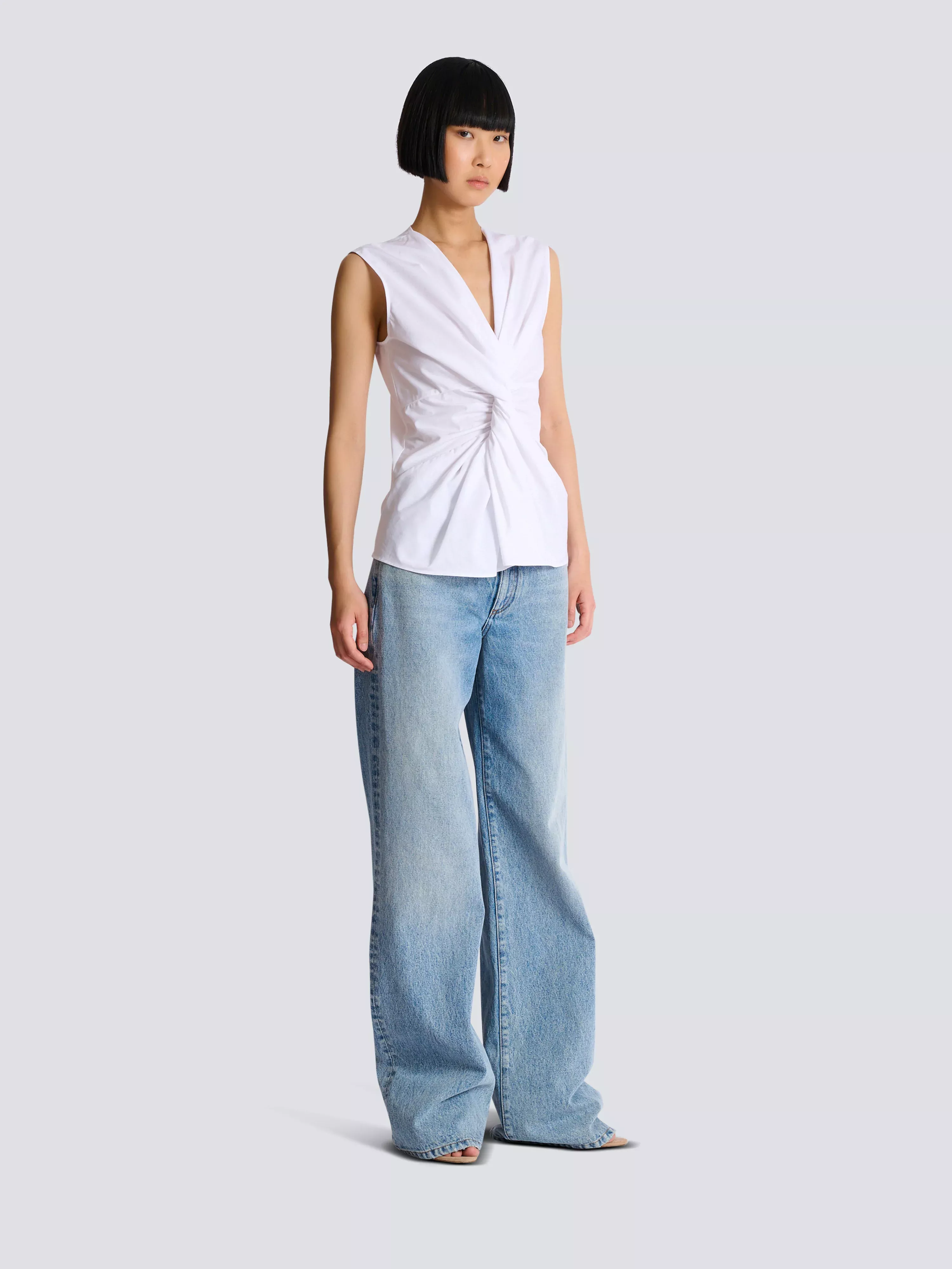 Draped sleeveless cotton poplin shirt