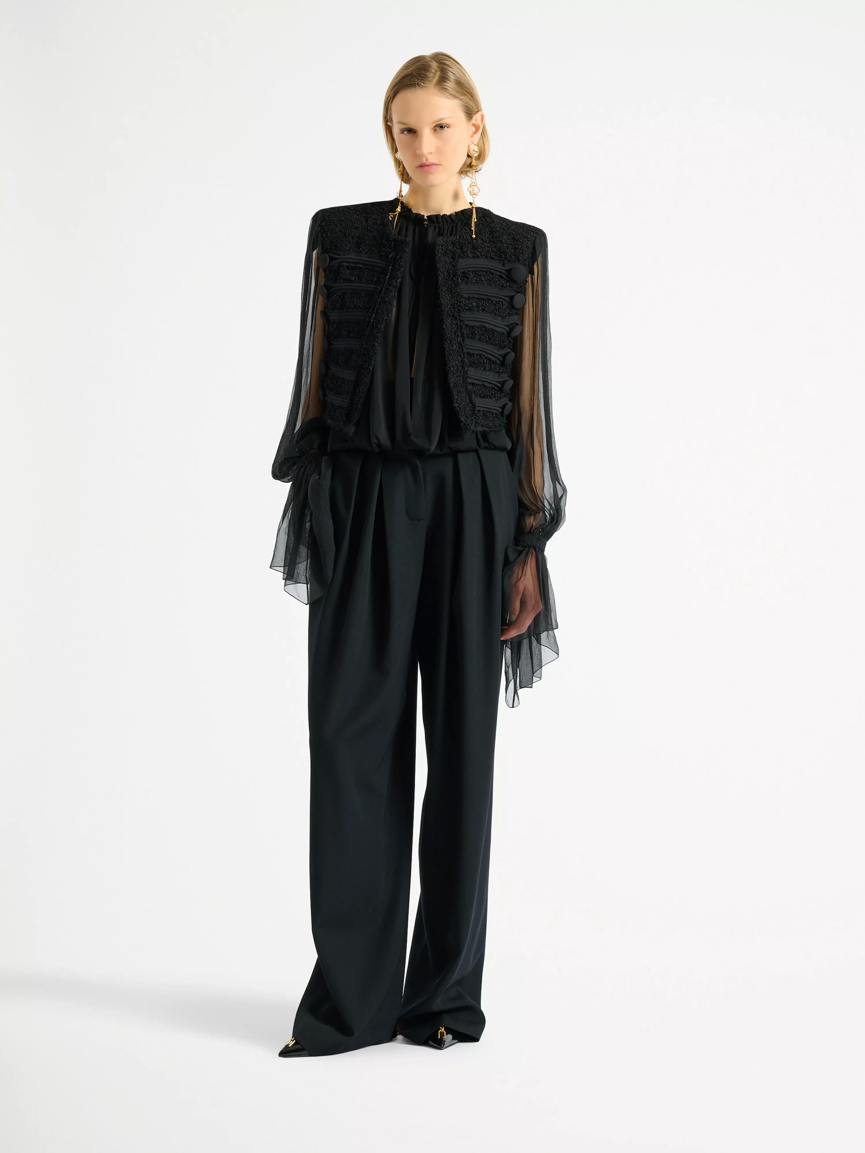 Edge-to-edge tweed and chiffon jacket