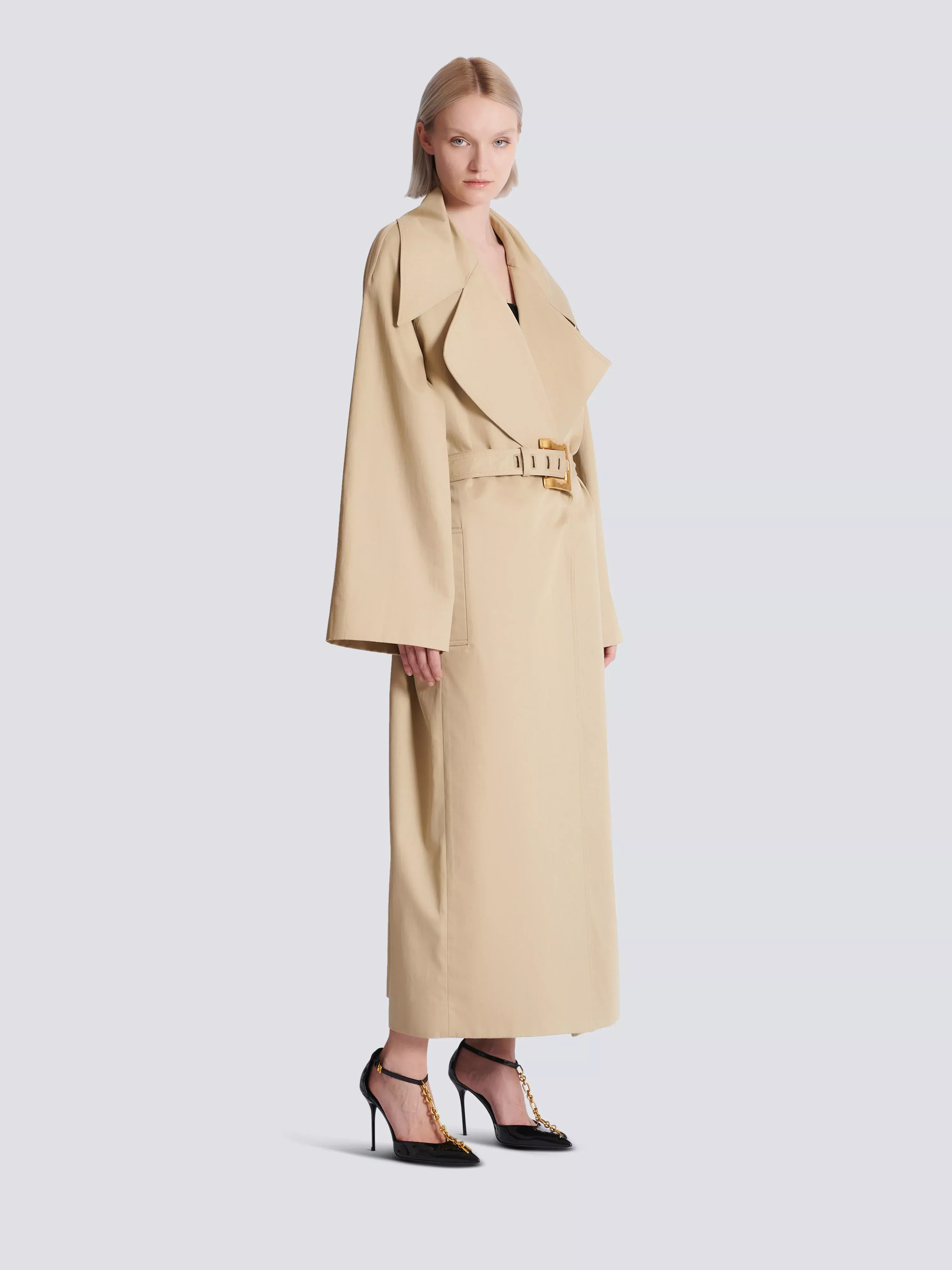 Long cotton gabardine trench coat