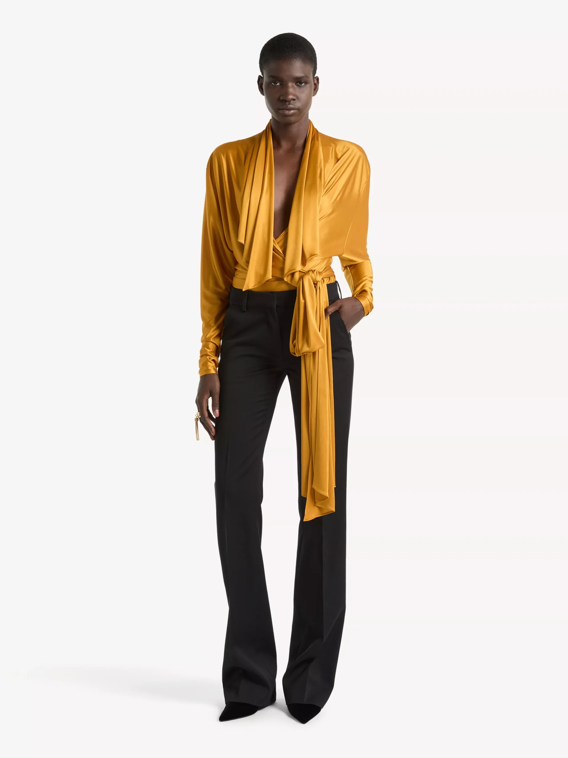 Low-waisted wool satin trousers
