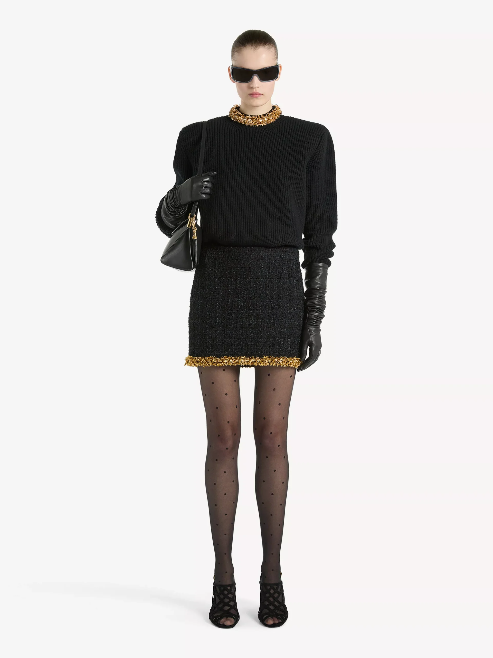 Short tweed skirt with embroidered trim