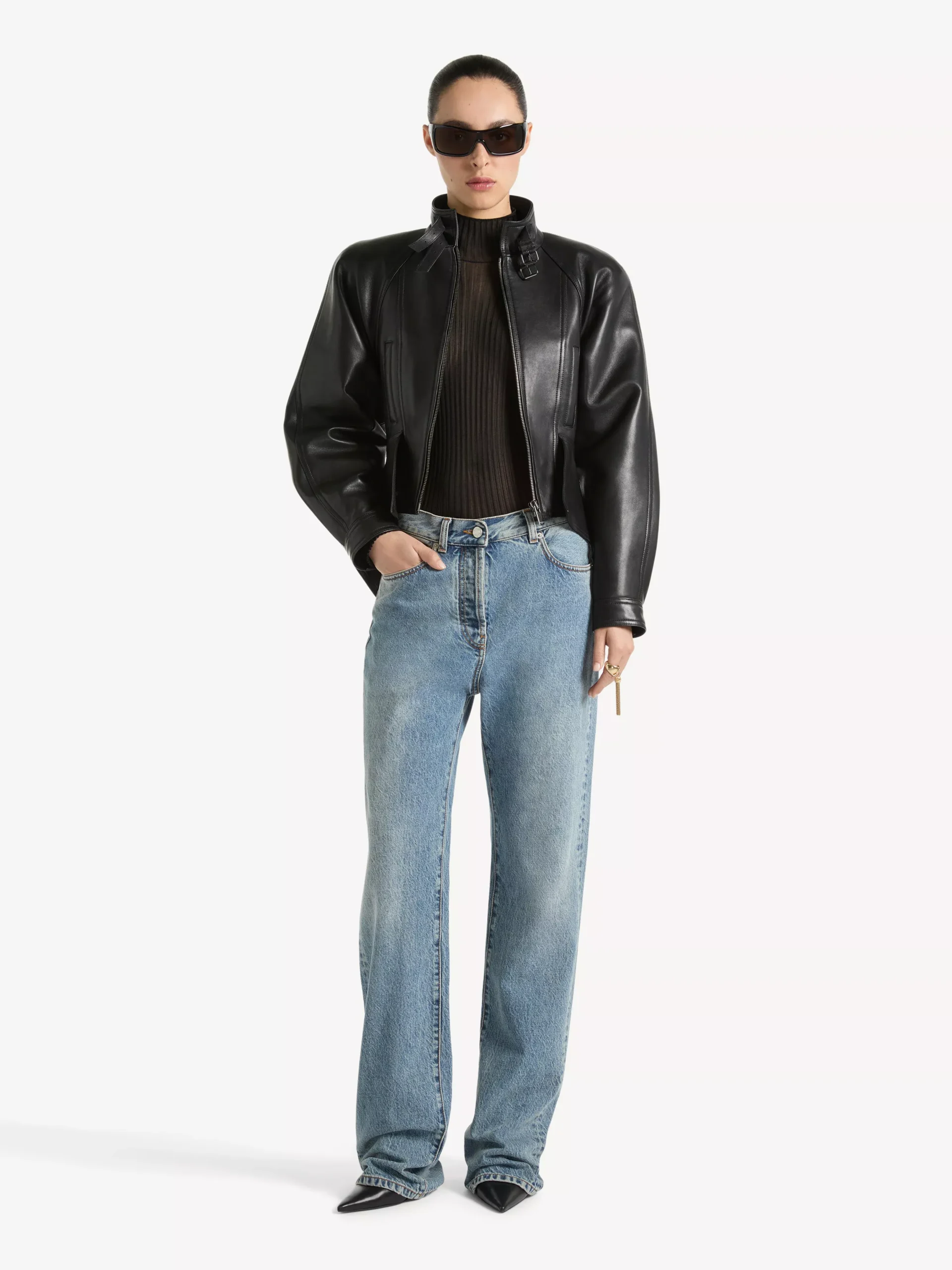 Straight-leg faded denim jeans