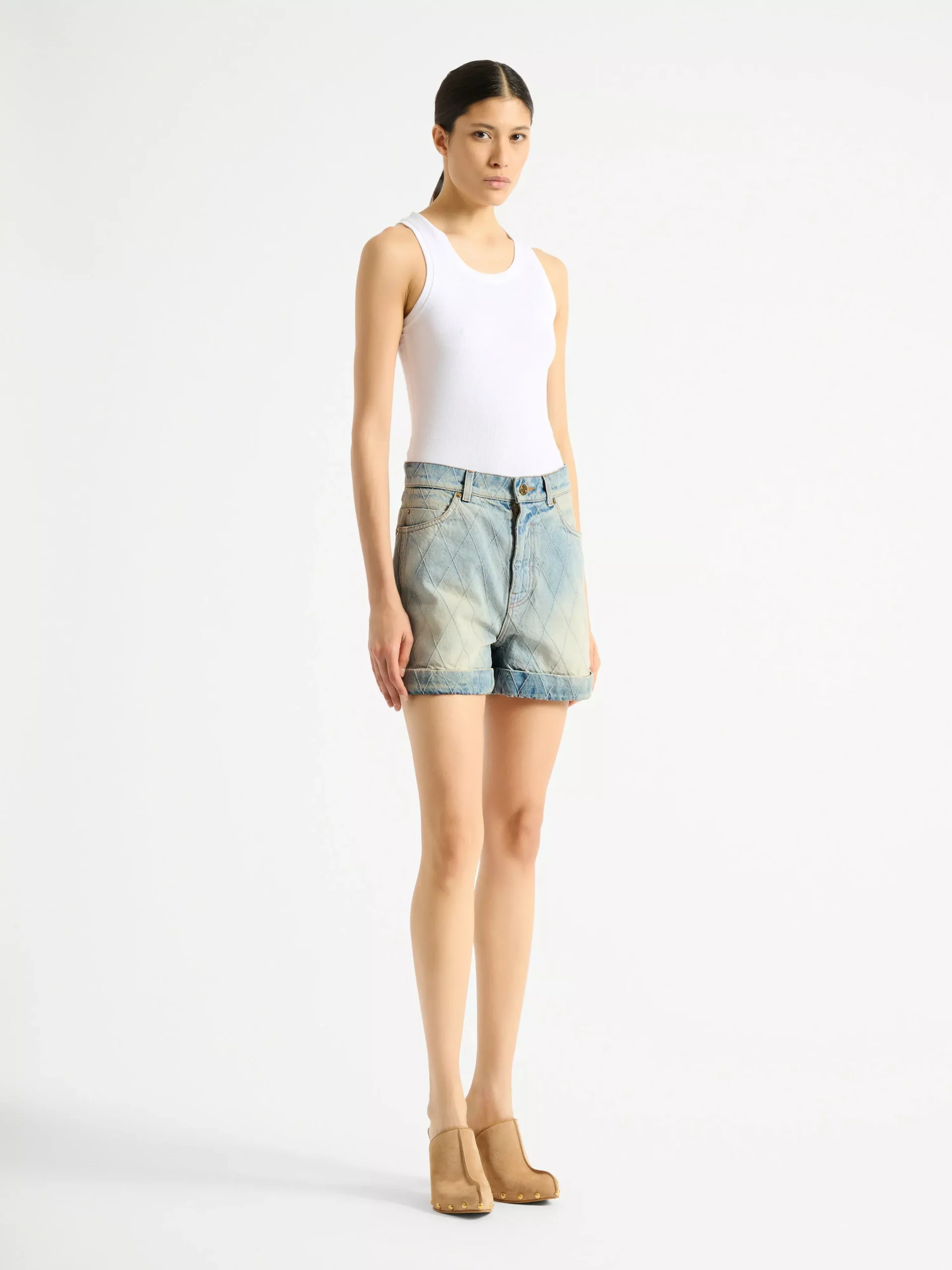 Topstitched denim shorts
