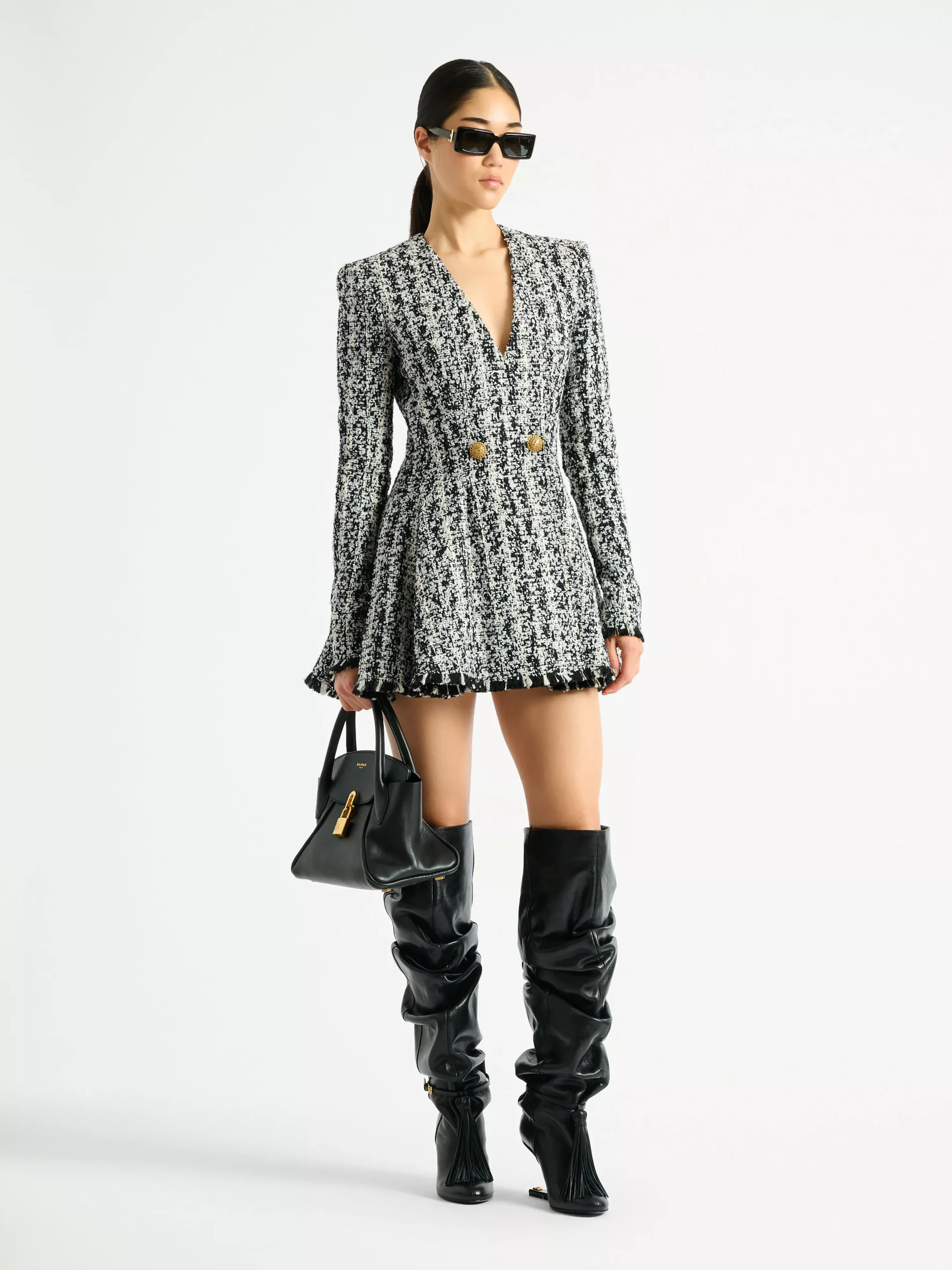 Two-tone flared tweed dress