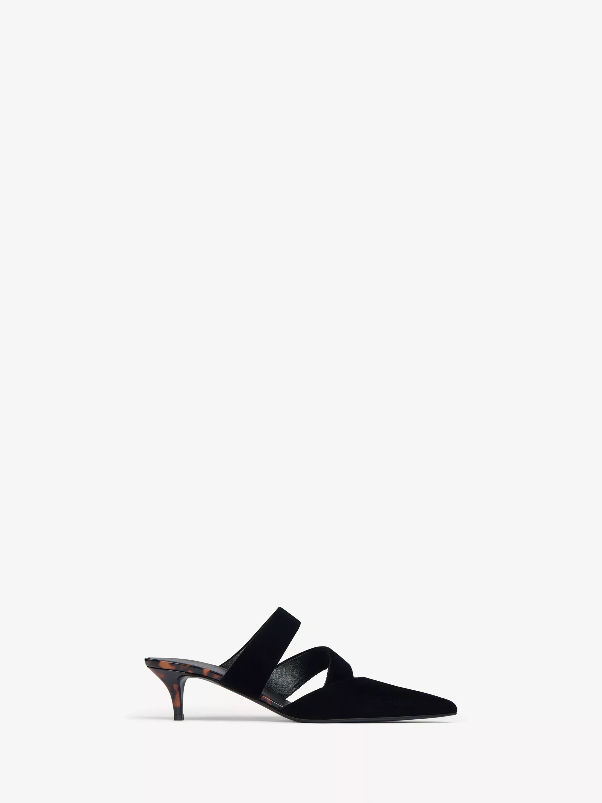 Velvet and printed patent leather mules