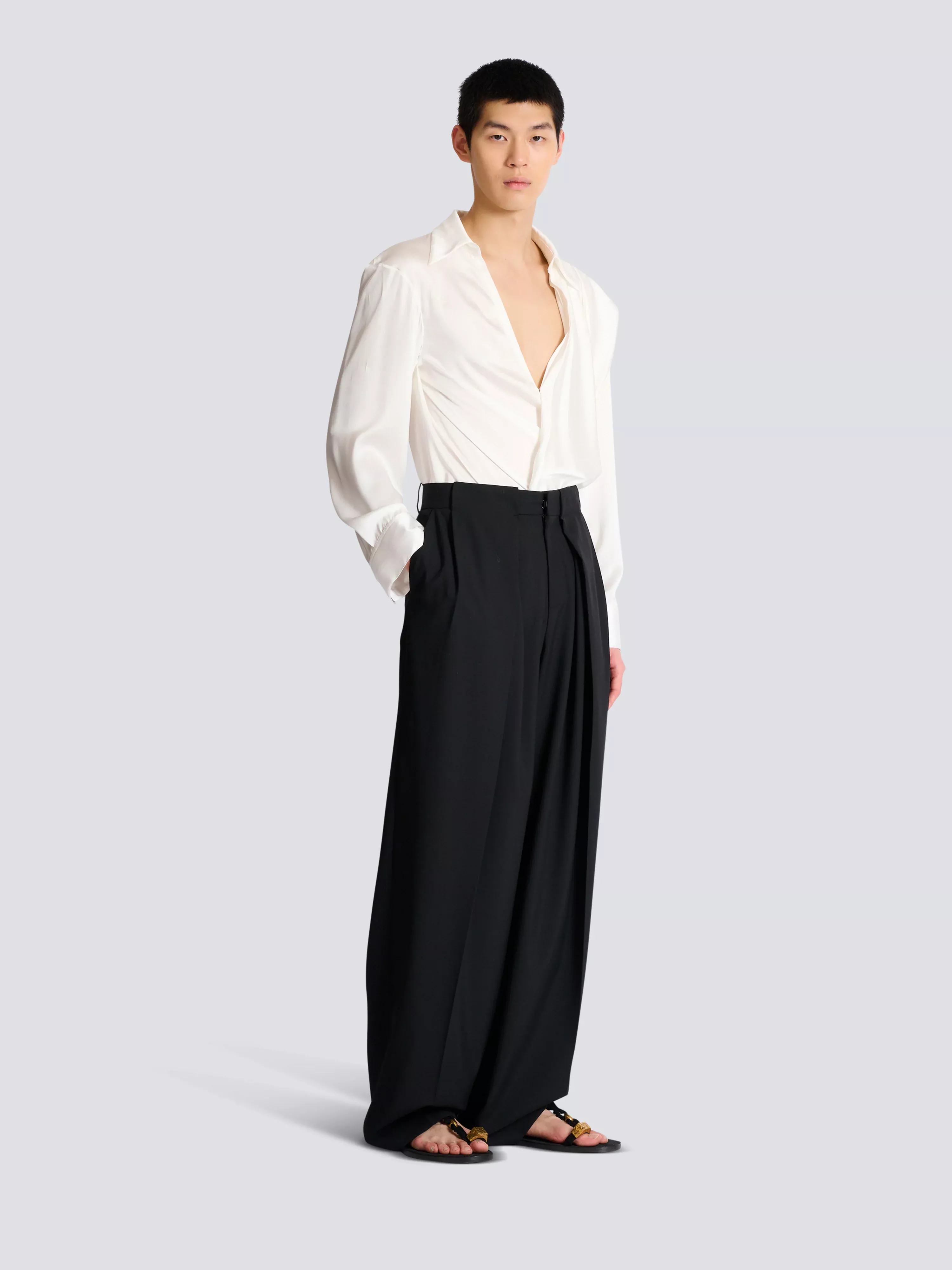 Wool twill trousers with wide knife pleats