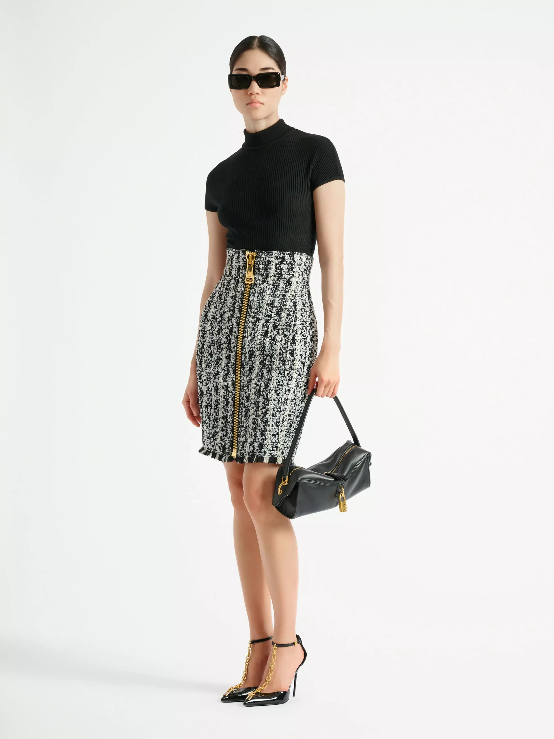 Zipped two-tone tweed skirt